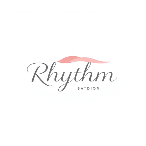 AI Design for Minimalist logo for a modern and elegant dance studio named "Rhythm": Abstract representation of flowing movement, soft gradient of blush pink and charcoal gray, clean sans-serif font. Design inspired by contemporary ballet and fluid motion, with subtle, delicate lines and a sense of airiness, on a white background.