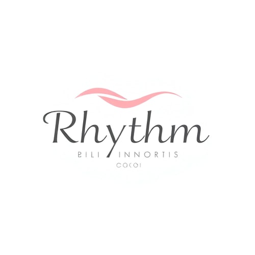 AI Design for Minimalist logo for a modern and elegant dance studio named "Rhythm": Abstract representation of flowing movement, soft gradient of blush pink and charcoal gray, clean sans-serif font. Design inspired by contemporary ballet and fluid motion, with subtle, delicate lines and a sense of airiness, on a white background.