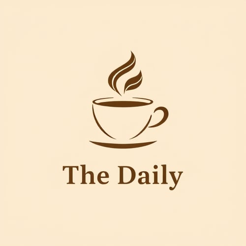 AI Design for Minimalist for a cozy neighborhood cafe named "The Daily": A steaming coffee cup with a subtle leaf detail, warm earth tones like deep brown, cream, and a hint of forest green, a friendly sans-serif font. Design with a touch of Scandinavian hygge, clean lines and negative space, and a solid background.