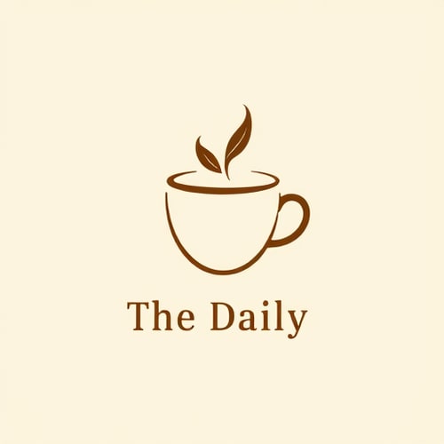 AI Design for Minimalist for a cozy neighborhood cafe named "The Daily": A steaming coffee cup with a subtle leaf detail, warm earth tones like deep brown, cream, and a hint of forest green, a friendly sans-serif font. Design with a touch of Scandinavian hygge, clean lines and negative space, and a solid background.