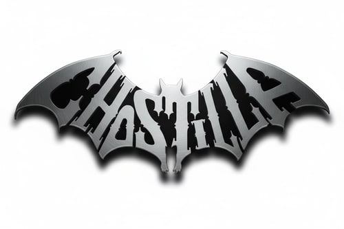 AI Design for “A metallic bat-shaped emblem with the word CHOSTILLA integrated into its wings and body. The letters are embossed and raised, forming a cohesive 3D structure. The surface is brushed titanium or polished silver, with dramatic lighting from the top left. The background is transparent. Gothic style, sharp edges, symmetrical wings, cinematic logo design.”