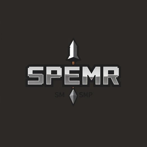 AI Design for it says SPEAR then SMP under it with a spear in the middle in minecraft font