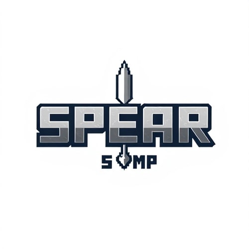 AI Design for it says SPEAR then SMP under it with a spear in the middle in minecraft font