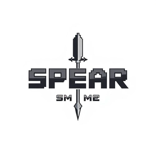 AI Design for it says SPEAR in the middle SMP under it with a spear in the middle in minecraft font