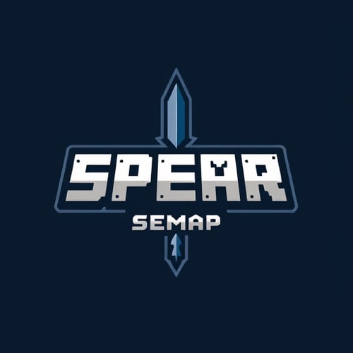 AI Design for it says SPEAR in the middle SMP under it with a spear in the middle in minecraft font