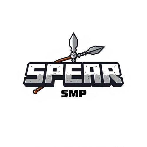 AI Design for it says 'SPEAR' in the middle 'SMP' under it with a spear in the along the top of the word spear in minecraft font