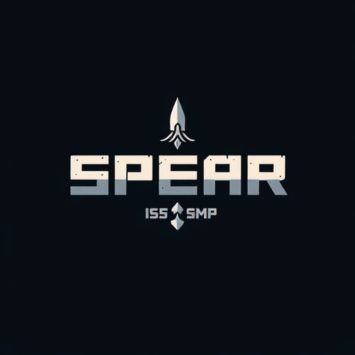 AI Design for it says SPEAR in the middle then SMP under it with a spear in the middle in minecraft font
