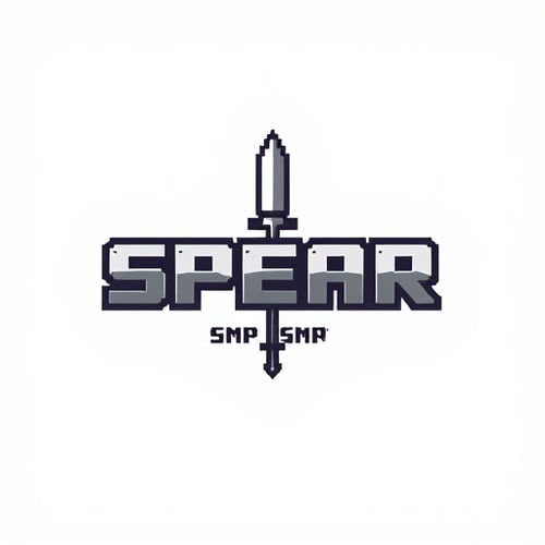 AI Design for it says SPEAR in the middle then SMP under it with a spear in the middle in minecraft font