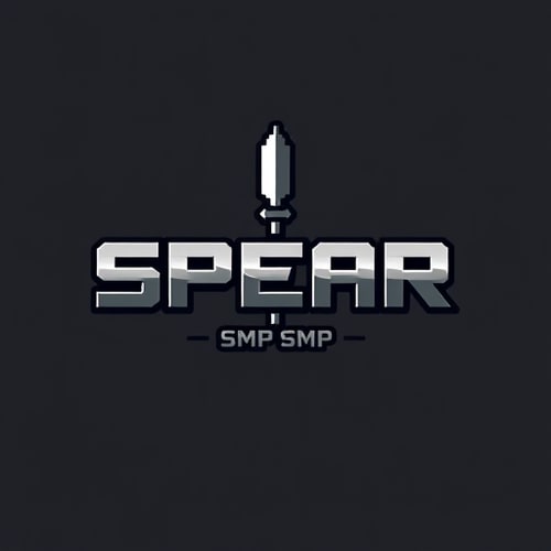 AI Design for it says SPEAR in the middle then SMP under it with a spear in the middle in minecraft font
