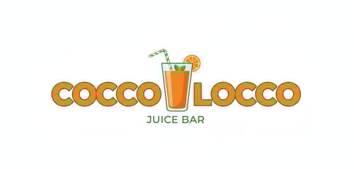 AI Design for Design a juice shop logo for me in green and orange color naming COCCO LOCCO with a glass of juice - in orange COLOR ,background should be white i like this design but change color scheme in to green and orange also add cc in cocco locco