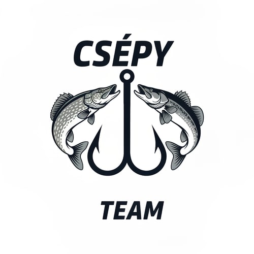 AI Design for Design a bold and dynamic fishing-themed logo. The logo should feature a pike and a zander facing each other, with a large fishing hook placed vertically between them. The bottom of the hook should extend down to the tails of the fish, creating a strong central axis.
Above the fish, place the word “Csépy” — the stem of the letter “p” should seamlessly form the shaft of the hook.
Below the hook, add the word “Team”, aligned centrally under the composition.
Use spaced-out letters for both “Csépy” and “Team” to give the text an airy, modern look.
The font should be stylish, bold, and dynamic, evoking energy and motion.
Color palette: cool tones such as deep blue, silver, and black, with clean lines and balanced proportions — suitable for apparel, decals, or team branding.