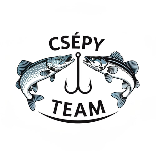 AI Design for Create a clean, detailed fishing-themed logo. The design should feature a pike and a zander facing each other, with a fishing hook placed between them. The word “Csépy” should appear above the fish, and the stem of the letter “p” in “Csépy” should seamlessly form the shaft of the hook. Below the fish, add the word “Team” in a curved, arched style. The overall design should be modern, dynamic, and balanced, suitable for a fishing team logo. Use cool tones such as blue, silver, and black, and ensure clear lines for easy visibility on clothing or stickers.