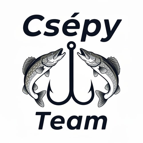 AI Design for Design a bold and dynamic fishing-themed logo. The logo should feature a pike and a zander facing each other, with a large fishing hook placed vertically between them. The bottom of the hook should extend down to the tails of the fish, creating a strong central axis.
Above the fish, place the word “Csépy” — the stem of the letter “p” should seamlessly form the shaft of the hook.
Below the hook, add the word “Team”, aligned centrally under the composition.
Use spaced-out letters for both “Csépy” and “Team” to give the text an airy, modern look.
The font should be stylish, bold, and dynamic, evoking energy and motion.
Color palette: cool tones such as deep blue, silver, and black, with clean lines and balanced proportions — suitable for apparel, decals, or team branding.