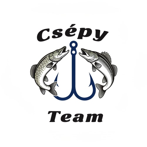 AI Design for Design a bold and dynamic fishing-themed logo. The logo should feature a pike and a zander facing each other, with a large fishing hook placed vertically between them. The bottom of the hook should extend down to the tails of the fish, creating a strong central axis.
Above the fish, place the word “Csépy” — the stem of the letter “p” should seamlessly form the shaft of the hook.
Below the hook, add the word “Team”, aligned centrally under the composition.
Use spaced-out letters for both “Csépy” and “Team” to give the text an airy, modern look.
The font should be stylish, bold, and dynamic, evoking energy and motion.
Color palette: cool tones such as deep blue, silver, and black, with clean lines and balanced proportions — suitable for apparel, decals, or team branding.