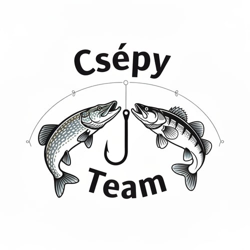 AI Design for Create a clean, detailed fishing-themed logo. The design should feature a pike and a zander facing each other, with a fishing hook placed between them. The word “Csépy” should appear above the fish, and the stem of the letter “p” in “Csépy” should seamlessly form the shaft of the hook. Below the fish, add the word “Team” in a curved, arched style. The overall design should be modern, dynamic, and balanced, suitable for a fishing team logo. Use cool tones such as blue, silver, and black, and ensure clear lines for easy visibility on clothing or stickers.