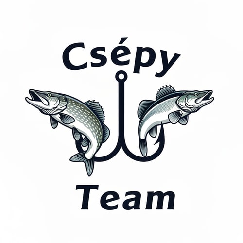 AI Design for Design a bold and dynamic fishing-themed logo. The logo should feature a pike and a zander facing each other, with a large fishing hook placed vertically between them. The bottom of the hook should extend down to the tails of the fish, creating a strong central axis.
Above the fish, place the word “Csépy” — the stem of the letter “p” should seamlessly form the shaft of the hook.
Below the hook, add the word “Team”, aligned centrally under the composition.
Use spaced-out letters for both “Csépy” and “Team” to give the text an airy, modern look.
The font should be stylish, bold, and dynamic, evoking energy and motion.
Color palette: cool tones such as deep blue, silver, and black, with clean lines and balanced proportions — suitable for apparel, decals, or team branding.