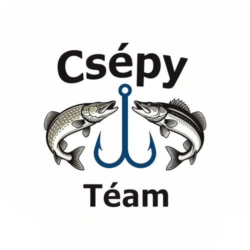 AI Design for Design a bold and dynamic fishing-themed logo. The logo should feature a pike and a zander facing each other, with a large fishing hook placed vertically between them. The bottom of the hook should extend down to the tails of the fish, creating a strong central axis.
Above the fish, place the word “Csépy” — the stem of the letter “p” should seamlessly form the shaft of the hook.
Below the hook, add the word “Team”, aligned centrally under the composition.
Use spaced-out letters for both “Csépy” and “Team” to give the text an airy, modern look.
The font should be stylish, bold, and dynamic, evoking energy and motion.
Color palette: cool tones such as deep blue, silver, and black, with clean lines and balanced proportions — suitable for apparel, decals, or team branding.
