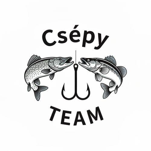 AI Design for Create a clean, detailed fishing-themed logo. The design should feature a pike and a zander facing each other, with a fishing hook placed between them. The word “Csépy” should appear above the fish, and the stem of the letter “p” in “Csépy” should seamlessly form the shaft of the hook. Below the fish, add the word “Team” in a curved, arched style. The overall design should be modern, dynamic, and balanced, suitable for a fishing team logo. Use cool tones such as blue, silver, and black, and ensure clear lines for easy visibility on clothing or stickers.