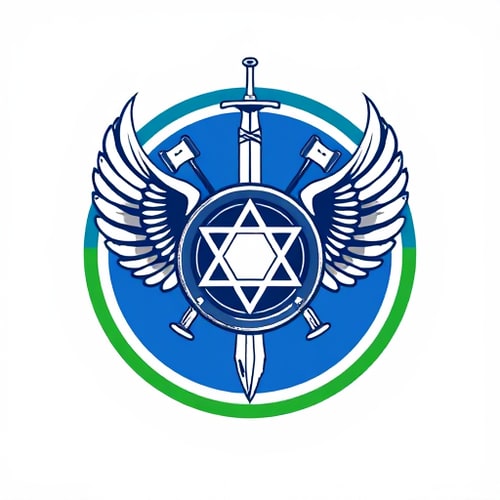 AI Design for Create a round logo of Israel air force wings with star of David in the center, big truck wheel and 2 sharp viking axes. Add a sword behind. the logo will have half bottom green border and half top blue border.