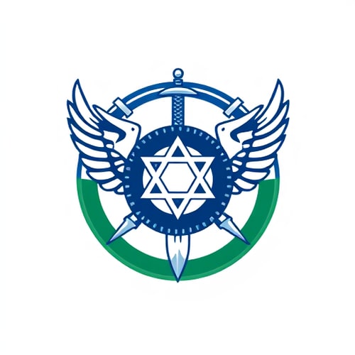 AI Design for Create a round logo of Israel air force wings with star of David in the center, big truck wheel and 2 sharp viking axes. Add a sword behind. the logo will have half bottom green border and half top blue border.