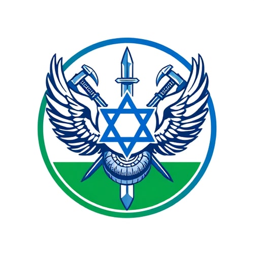 AI Design for Create a round logo of Israel air force wings with star of David in the center, big truck wheel and 2 sharp viking axes. Add a sword behind. the logo will have half bottom green border and half top blue border.