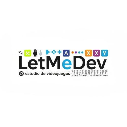 AI Design for Logo moderno y profesional para un estudio de videojuegos llamado 'LetMeDev'. Estilo tecnológico y gamer, con colores llamativos (neón, azul, morado o naranja), tipografía futurista y legible. Incluir elementos sutiles de videojuegos como píxeles, mandos, iconos de botones (A, B, X, Y) o código/binario abstracto. Diseño minimalista pero dinámico, que transmita creatividad, innovación y diversión. Fondo transparente.