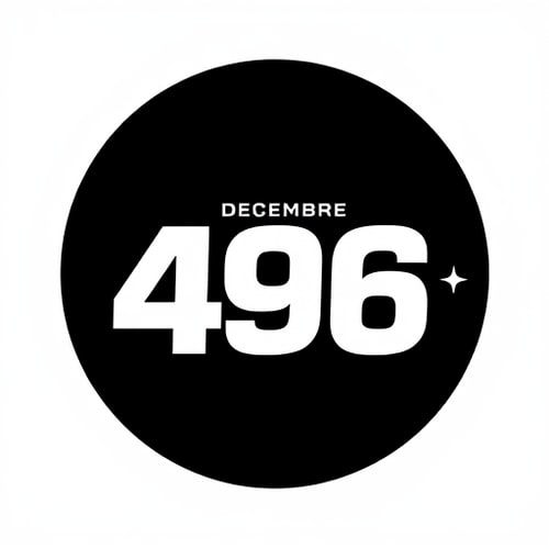 AI Design for // SUBJECT
Minimalist and powerful logo for "Decembre 496", a running challenge. Circular format for a profile icon.
// CORE ELEMENTS
The logo is a typographic monogram. It combines the letter 'D' for Decembre and the number '496'. The 'D' is massive and forms the outer circular shape of the logo. Inside the negative space of the 'D', the number "496" is cleverly placed. A very small, single, sharp six-pointed star (like an asterisk or a snowflake icon) is placed next to the number as a subtle nod to winter.
// STYLE & MOOD
Extremely minimalist, bold, modern, and epic. Inspired by Scandinavian design and modern sports branding. The focus is on the beauty of the letterforms and the clever use of space. Flat vector icon style.
// COLOR PALETTE
High-contrast winter palette: A dominant pure black (#000000) for the main 'D' shape, with the inner '496' and the star in a piercing glacial white (#FFFFFF). No other colors.
// COMPOSITION
Asymmetrical balance within a circular form. The design is simple enough to be recognized instantly, even at a very small size.
// NEGATIVE PROMPT
--no colors, gradients, shadows, multiple elements, complex background, illustration, pictures, text apart from the monogram
