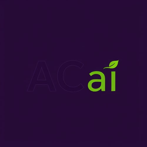 AI Design for Create a logo: “ACai” in Reem Kufi. “AC” in uppercase, bold and prominent. “ai” in lowercase to emphasize “AC.” Color #6A1B9A. The small “a” has a green stem (#32CD32) and a small green leaf. The “a” is a stylized blend of the letter and an acai berry. The lower curve of the “a” is slightly thickened to suggest the berry. A thin stem grows from the upper right side of the “a,” curves gently upward, and ends at the dot of the “i.” A small, minimalist leaf (tilted to the left) sits approximately in the middle of the stem.