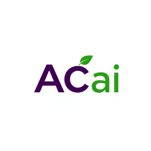 AI Design for Create a logo: “ACai” in Reem Kufi. “AC” in uppercase, bold and prominent. “ai” in lowercase to emphasize “AC.” Color #6A1B9A. The small “a” has a green stem (#32CD32) and a small green leaf. The “a” is a stylized blend of the letter and an acai berry. The lower curve of the “a” is slightly thickened to suggest the berry. A thin stem grows from the upper right side of the “a,” curves gently upward, and ends at the dot of the “i.” A small, minimalist leaf (tilted to the left) sits approximately in the middle of the stem.