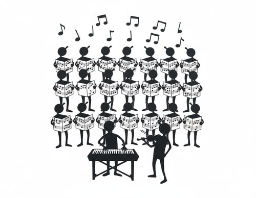 AI Design for Grupo de pessoas a cantar, coro musical com partituras, Instrumentos sao o piano e o violino. Estilo mais de coro com duas filas de pessoas, remove o fundo da umagem
Tenta substituir o piano por um teclado de piano