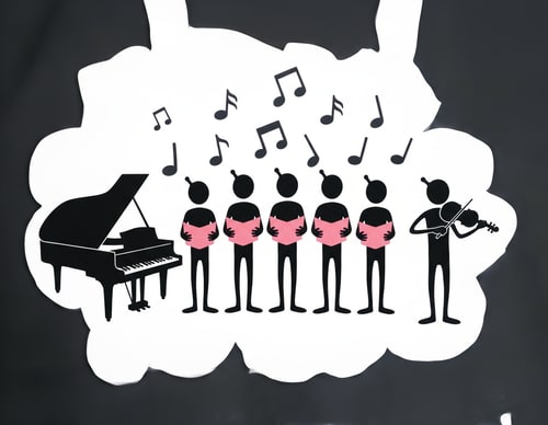 AI Design for Grupo de pessoas a cantar, coro musical com partituras, Instrumentos sao o piano e o violino. usa imagem como referencia de pessoas