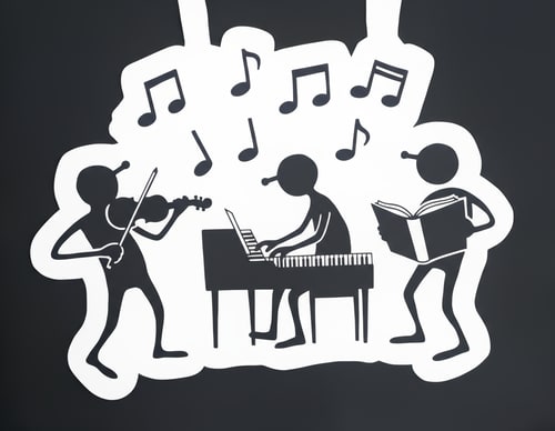 AI Design for Grupo de pessoas a cantar, coro musical com partituras, Instrumentos sao o piano e o violino.