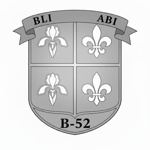 AI Design for Faire le logo sans couleur. Augmenter l'espace pour le B-52. Réduire l'espace du haut pour faire plus d'espace pour le bas. Mettre plutôt les fleurs de lys et les fleurs de brusselles en diagonale l'une de l'autre