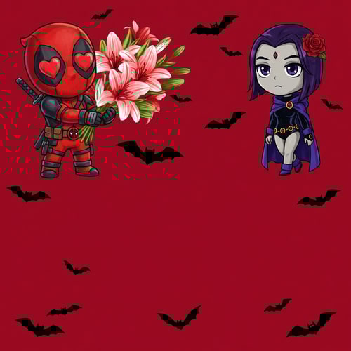 AI Design for haz que el fondo de la imagen sea un rojo cereza. Quiero que arriba a la izquierdaeste la imagen 2, deadpool, agarrando el ramo de lirios de la imagen 3. Arriba a la derecha quiero a raven y que en su pelo tenga una rosa. En el fondo de la imagen tienen que estar los murcielagos de la imagen 4. Haz que deadpool sea mas pequeño, los murcielagos tambien y raven tambien.. Haz que deadpool este agarrando el ramo con las 2 manos y tenga corazones en sus ojos. Los lirios tienen que ser pintados, que no se note que son IA