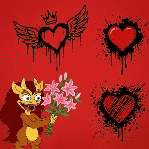 AI Design for haz que la persona de la primera imagen, este agarrando el ramo de lirios dibujado de la segunda imagen. Quiero que haya un fondo rojo y que tenga incluido los grafitis de las imagenes 3,4 y 5. El dibujo de la primera y segunda imagen, ponla a la izquierda del fondo y que sea un poco pequeño