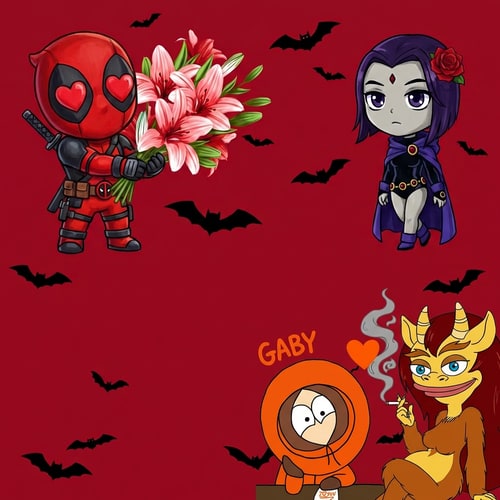 AI Design for haz que el chico de la imagen 2, este abajo a la derecha y cambia el texto que dice " kenny " por uno que diga " gaby ". Abajo a la derecha quiero a la imagen 3, que se este fumando un cigarrillo y salga humo