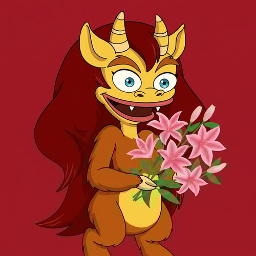 AI Design for haz que la persona de la primera imagen, este agarrando el ramo de lirios dibujado de la segunda imagen. Quiero que haya un fondo rojo