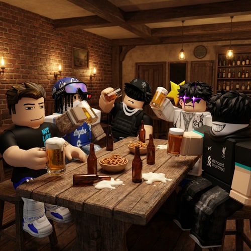 AI Design for juntame a estas personas para que esten sentadas en una mesa tomando cerveza