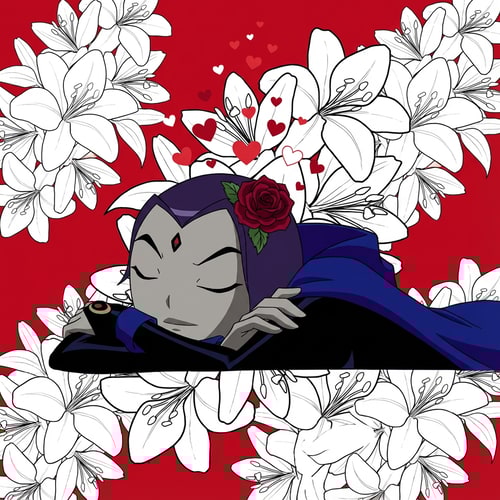 AI Design for haze que el fondo de la imagen sea rojo y de fondo y tenga lirios por toda la imagen, los lirios tienen que ser blancos y ademas de eso, quiero que raven tenga unos corazones saliendo de su cabeza y tenga una rosa en su frente. Haz que la flor de la frente este en su pelo y sea de color jrojo cereza