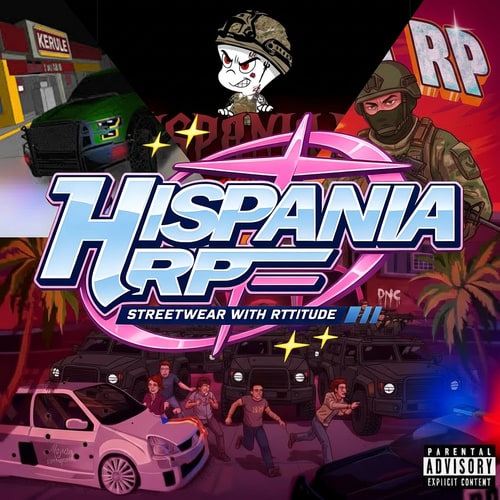 AI Design for Quiero que agarres la primera imagen, la que dice hispania rp con colores, y le pongas de fondo las otras imagemes, pero que esten por separadas tipo divididas. El fono tienen que ser las demas imagenes pero no puedne tener texto, el unico texto que quiero es el de la primera imagen, y para su fondo las demas imagenes divididas. Pero que las imagenes de fondo sean mas pequeñas, que se vea todo