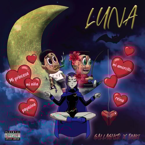 AI Design for haz que el fondo de la imagen sea la imagen 2 En el medio de la imagen tiene que estar raven de la imagen uno, con corazones al rededor de ella. Haz que los corazones esten completos, no rotos y los chicos de detras hazles mas como dibujo animado, la luna tambien y las letras que dicen luna tambien. Haz que raven tenga un lirio rojo cereza en el pelo, le salgan mas corazones al rededor y quiero los corazones digan: Mi princesa, mi niña, payazina, mi amorcito, reina