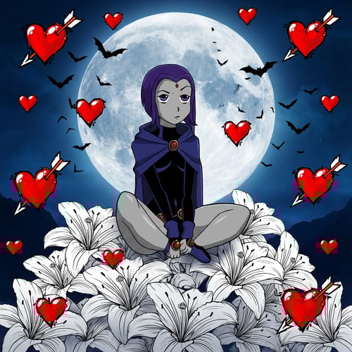 AI Design for haz que raven este sentada en un monto de ramos de lirios, el fondo de la imagen tiene que ser un paisaje de una luna con murcielagos y tiene que haber los corazones de la imagen 2 por todos los lados