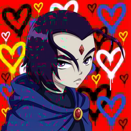 AI Design for haz que la raven del dibujo, este pintada y ademas haz que este en un fondo rojo con muchos corazones dibujados con grafitis