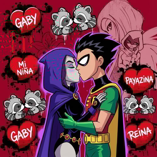 AI Design for hazme que raven se este besando con robin, que raven este pintada, que el fondo de la imagen sea un rojo cereza y que tenga las demas imagenes esparcidas por todo el fondo. Los corazones tienen que ser grafitis y cada corazon tiene que decir o gaby, mi niña, payazina o reina. Haz que robin y raven tengan un estilo animado, que no sean tan realistas