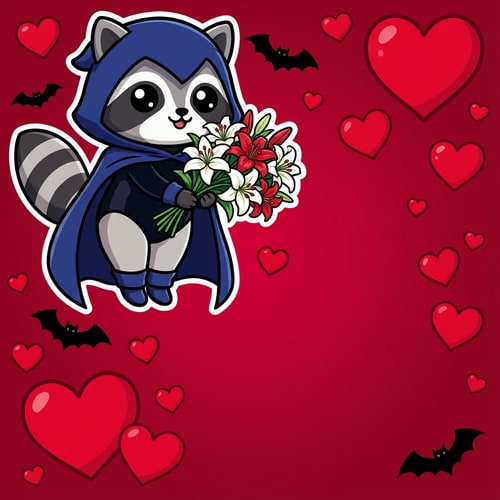 AI Design for hazme que el mapache este vestido como raven, y este agarrando un ramo de lirios. Quiero que el fondo sea un rojo cereza y ademas de eso quiero que al rededor del mapache haya muercierlagos, pero no muchos y que tambien haya muchisimos corazones, pequeños y grandes de un color rojo chillon. Haz que el mapache este arriba a la izquierda y quitale el aguila que tiene en la ropa