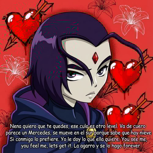 AI Design for ahora haz que la siguiente imagen tenga este texto escrito como si fuera dibujo pero debajo de la imagen y que no sea tan grande.
Nena quiero que te quedes, ese culo es otro level. Va de cuero parece un Mercedes, se mueve en el sur porque sabe que hay nieve
Si conmigo lo prefiere. Yo le doy lo que ella quiere. You see me, you feel me, lets get it. La agarro y se lo hago forever