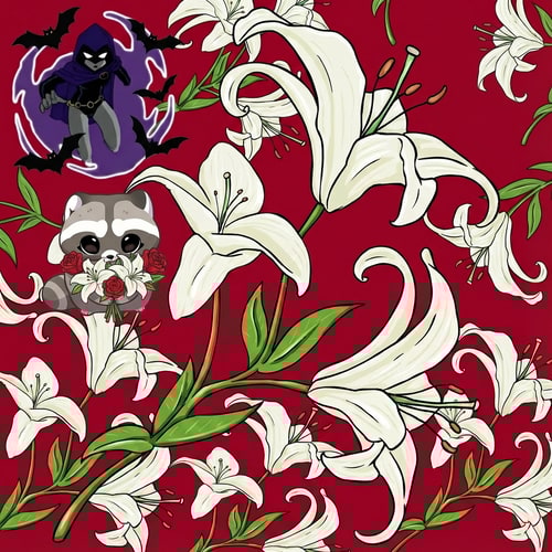 AI Design for ahora haz que al rededor de raven, arriba a la izquierda esten saliendo murcielagos, no muchos pero que si haya. Luego quiero que debajo de raven este la imagen 2, el mapache agarrando un ramo de lirios y rosas.