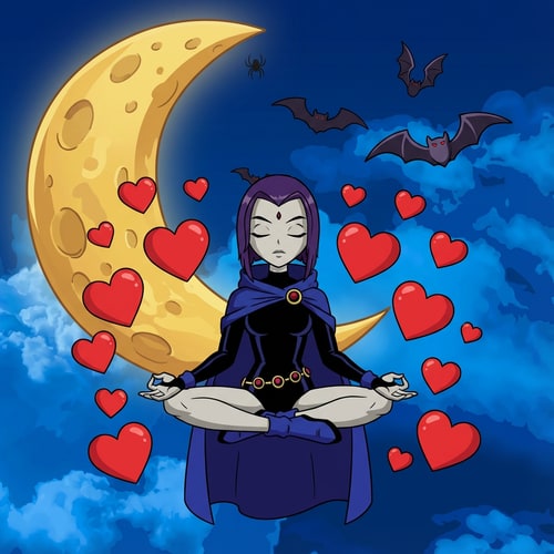 AI Design for haz que el fondo de la imagen sea la imagen 2, pero hazla un poco mas con dibujo animado. En el medio de la imagen tiene que estar raven de la imagen uno, con corazones al rededor de ella