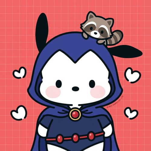 AI Design for haz que este oso este vestido como raven y en vez de un pollo en su cabeza tenga un mapache. Pero haz que se le vea la cabeza