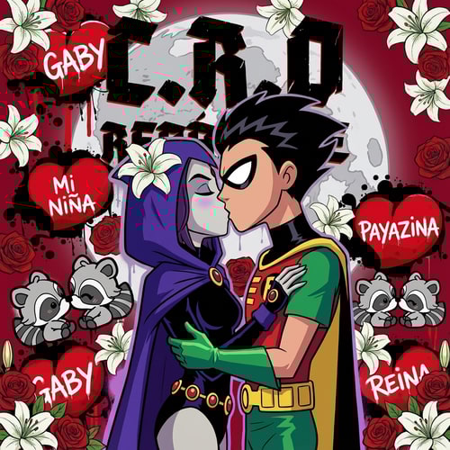 AI Design for ahora haz que en el centro de la imagen haya una luna detras de raven y robin, y que encima de raven y robin este las letras de C. R. O. de la segunda imagen